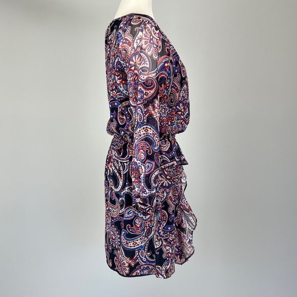 Shoshanna Silk Paisley Long Sleeve Ruffled Dress Red Blue Black size 4 - Picture 6 of 12